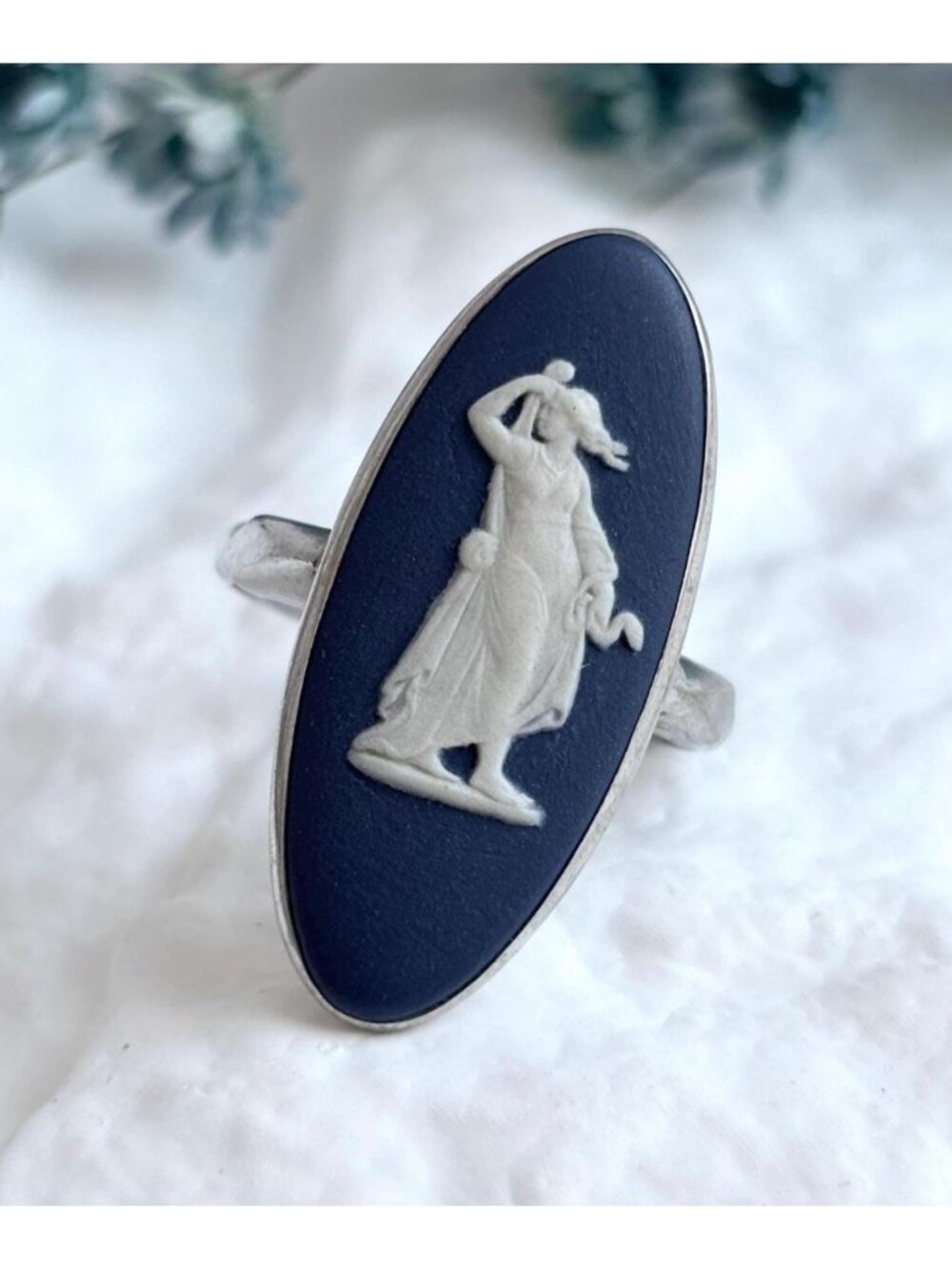 Wedgwood Jasperware Blue Hygieia Cameo Sterling Silver 925 Vintage Ring - sz 7